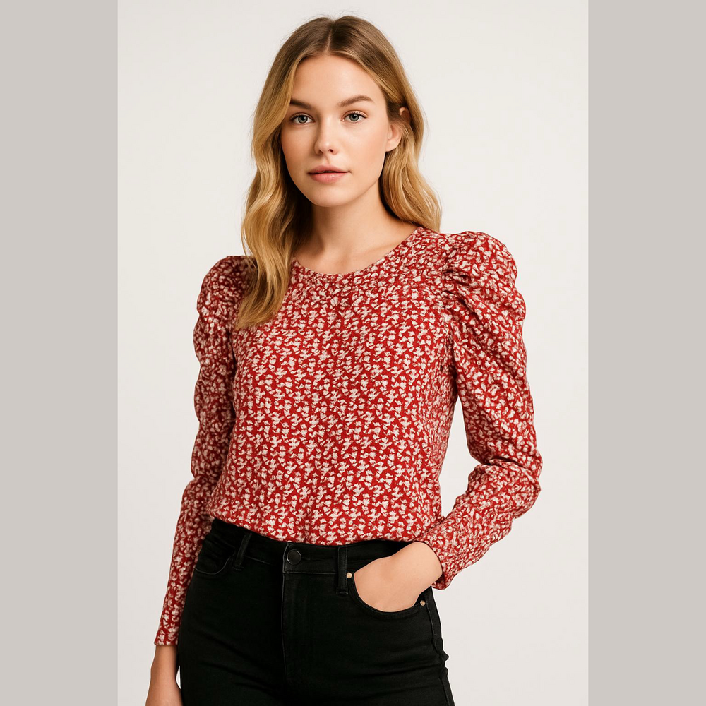 Max Studio Womens Red Crepe Ruffle Neck Ruched Puff Sleeve Blouse Size Large